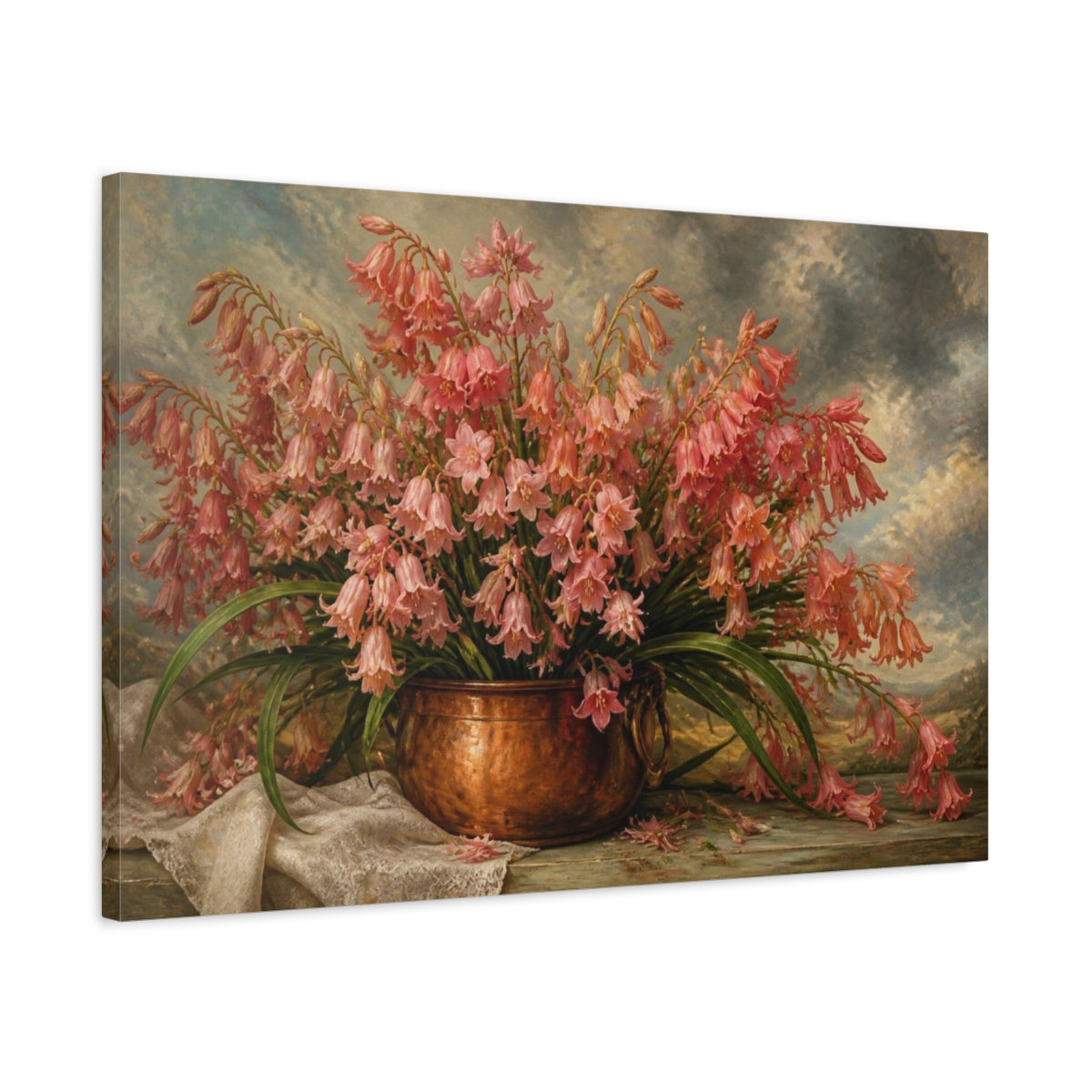 Side Mockup 2. Coral Bluebell Flowers In Copper Pot shown as canvas print