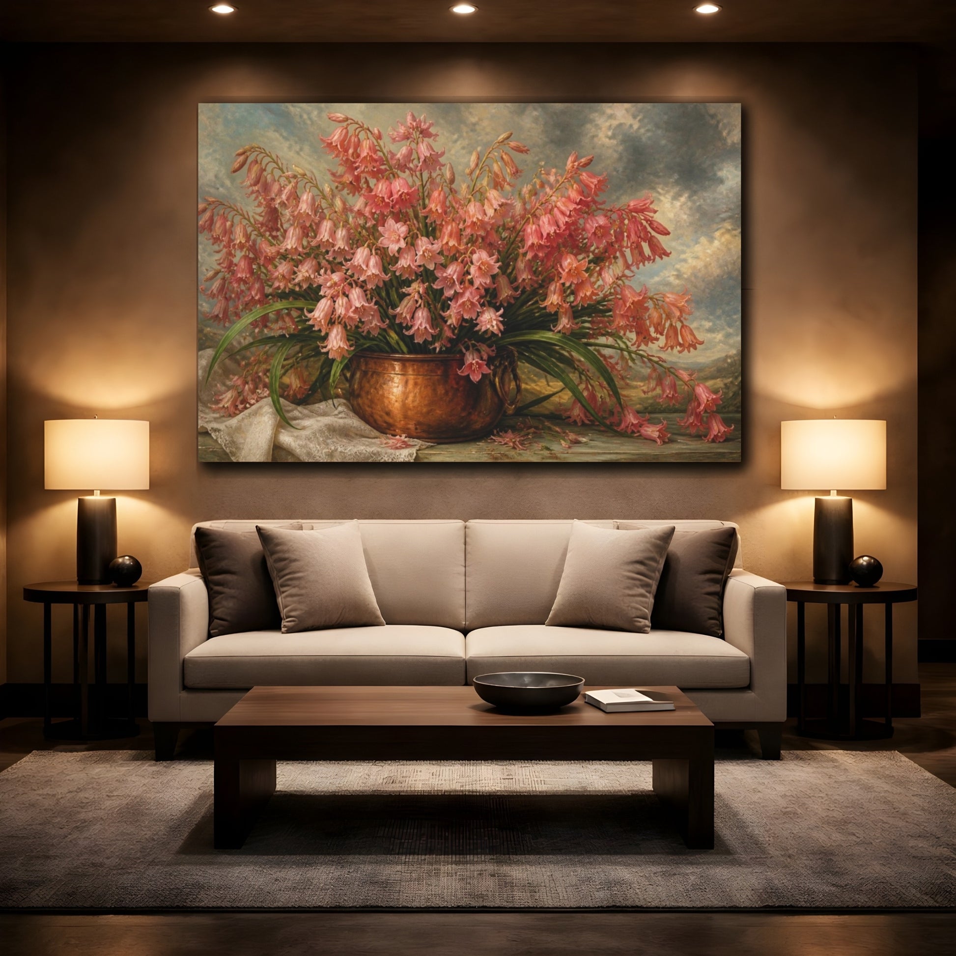 Mockup 2. Coral Bluebell Flowers In Copper Pot shown as canvas print