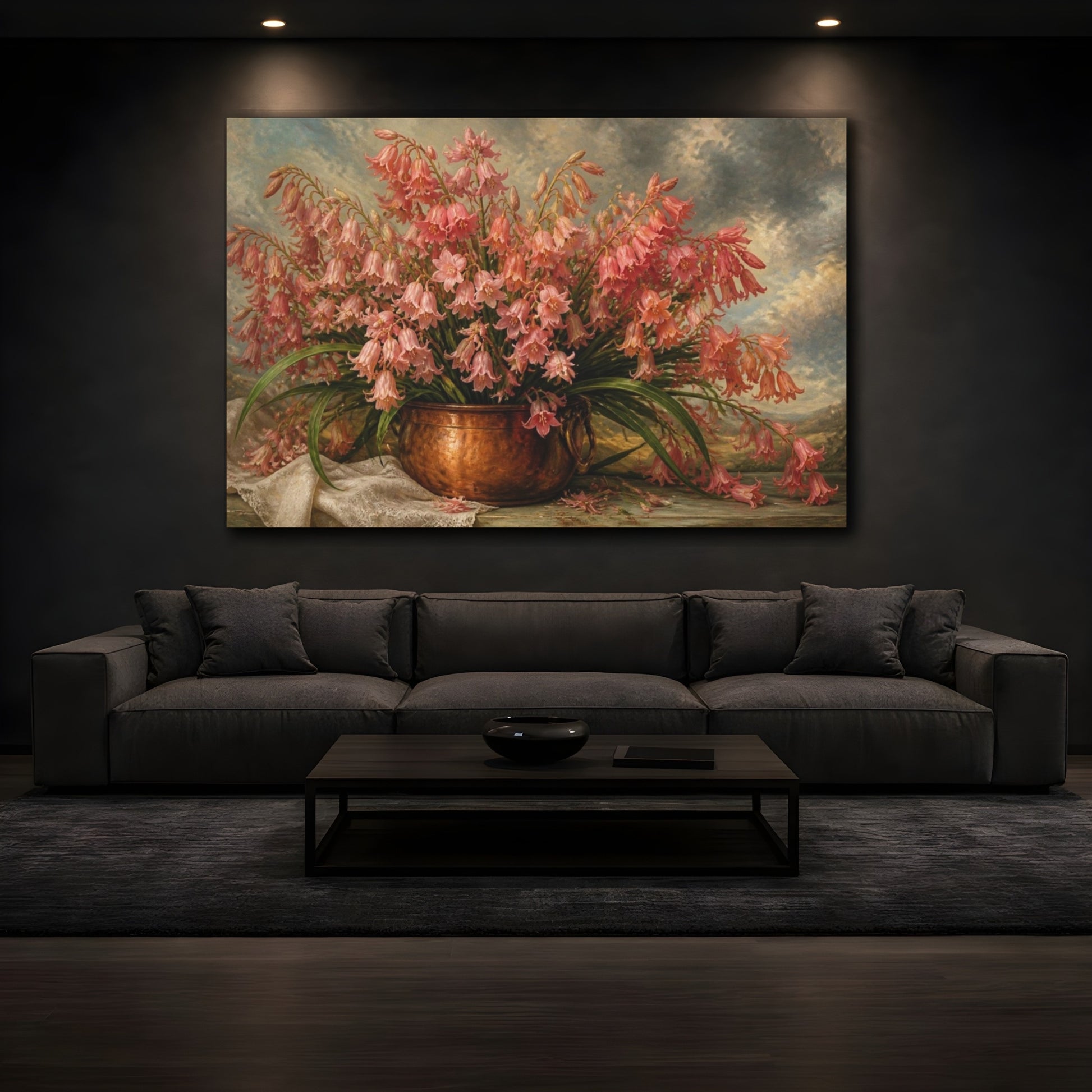Mockup 3. Coral Bluebell Flowers In Copper Pot shown as canvas print