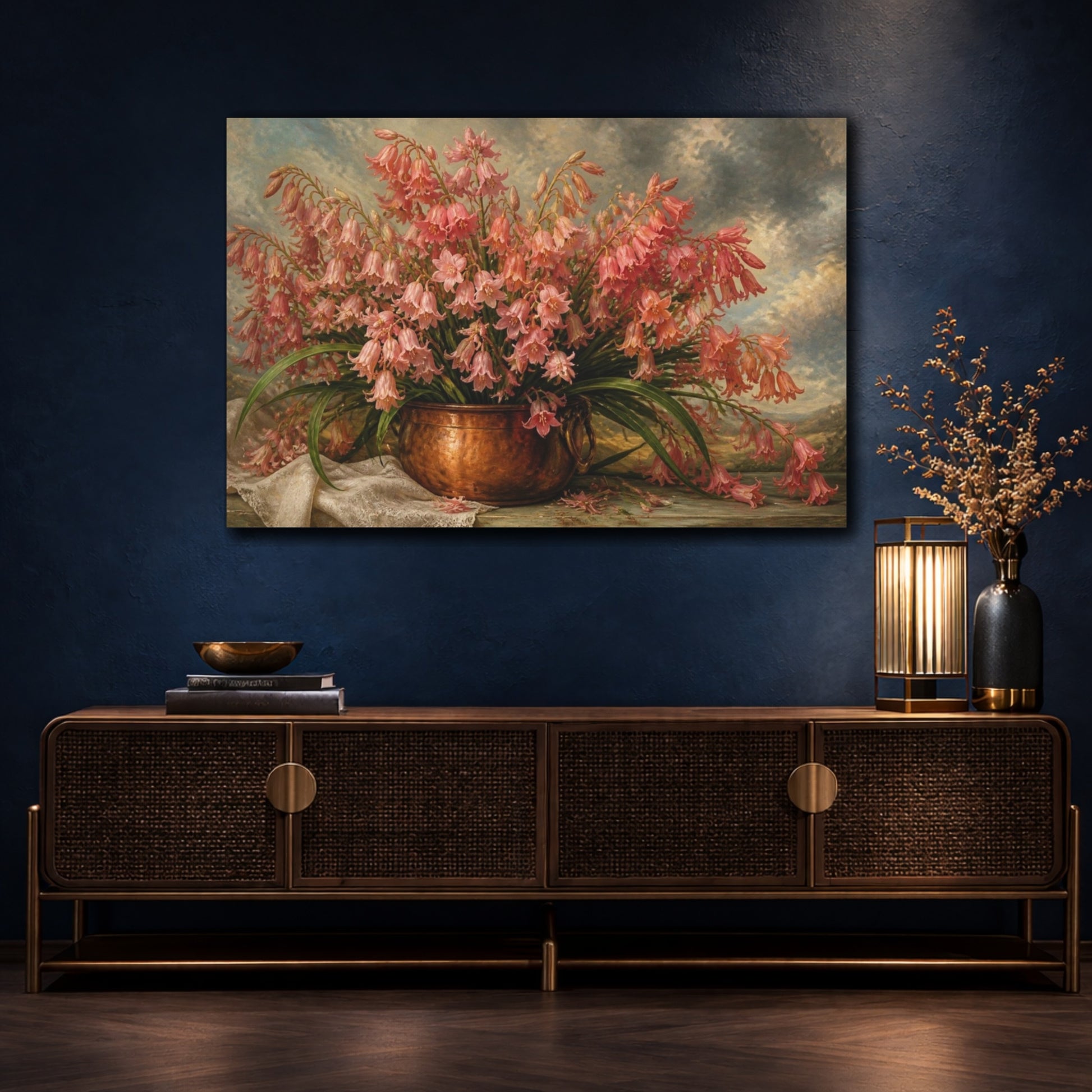 Mockup 4. Coral Bluebell Flowers In Copper Pot shown as canvas print