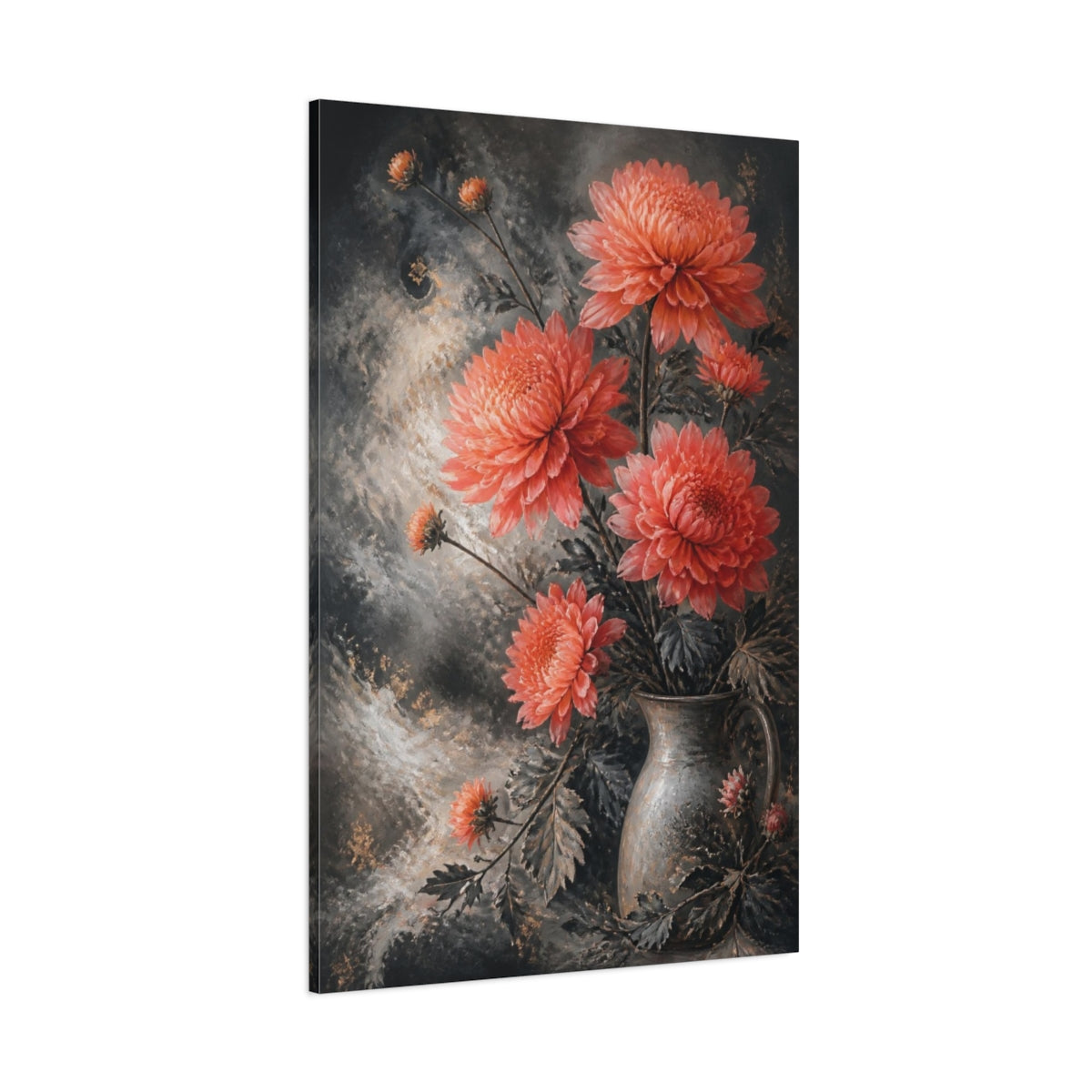 Side Mockup 1. Coral Chrysanthemum Flowers shown as canvas print