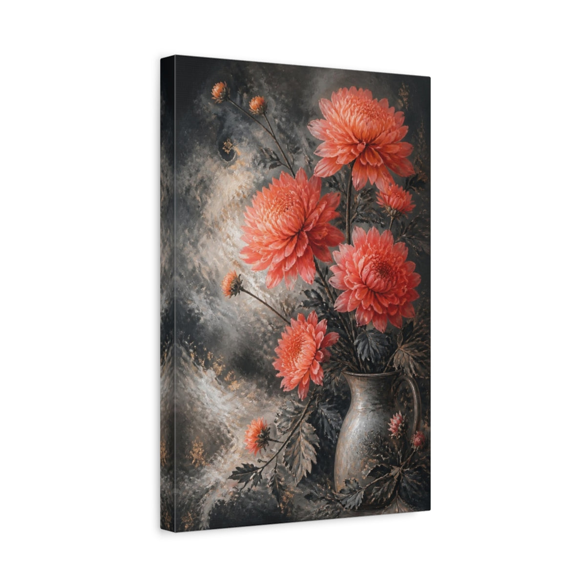Side Mockup 4. Coral Chrysanthemum Flowers shown as canvas print