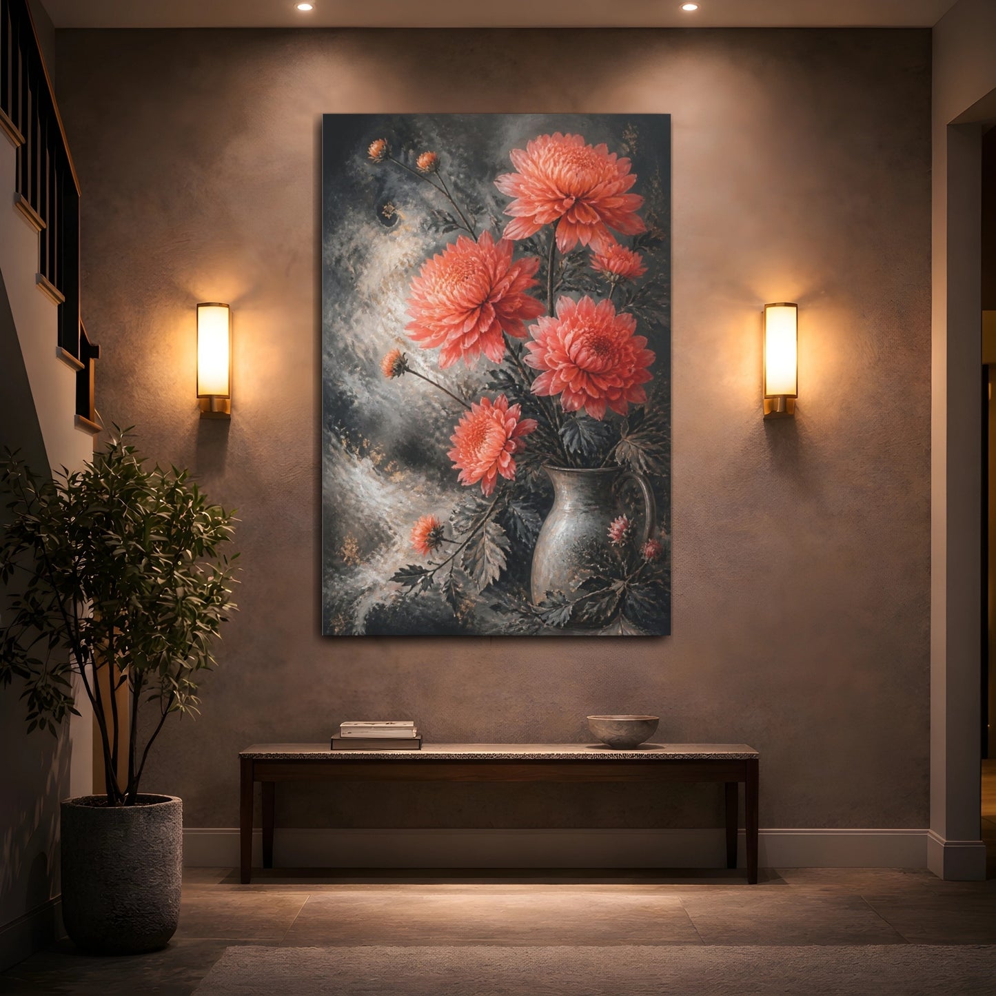 Mockup 2. Coral Chrysanthemum Flowers shown as canvas print