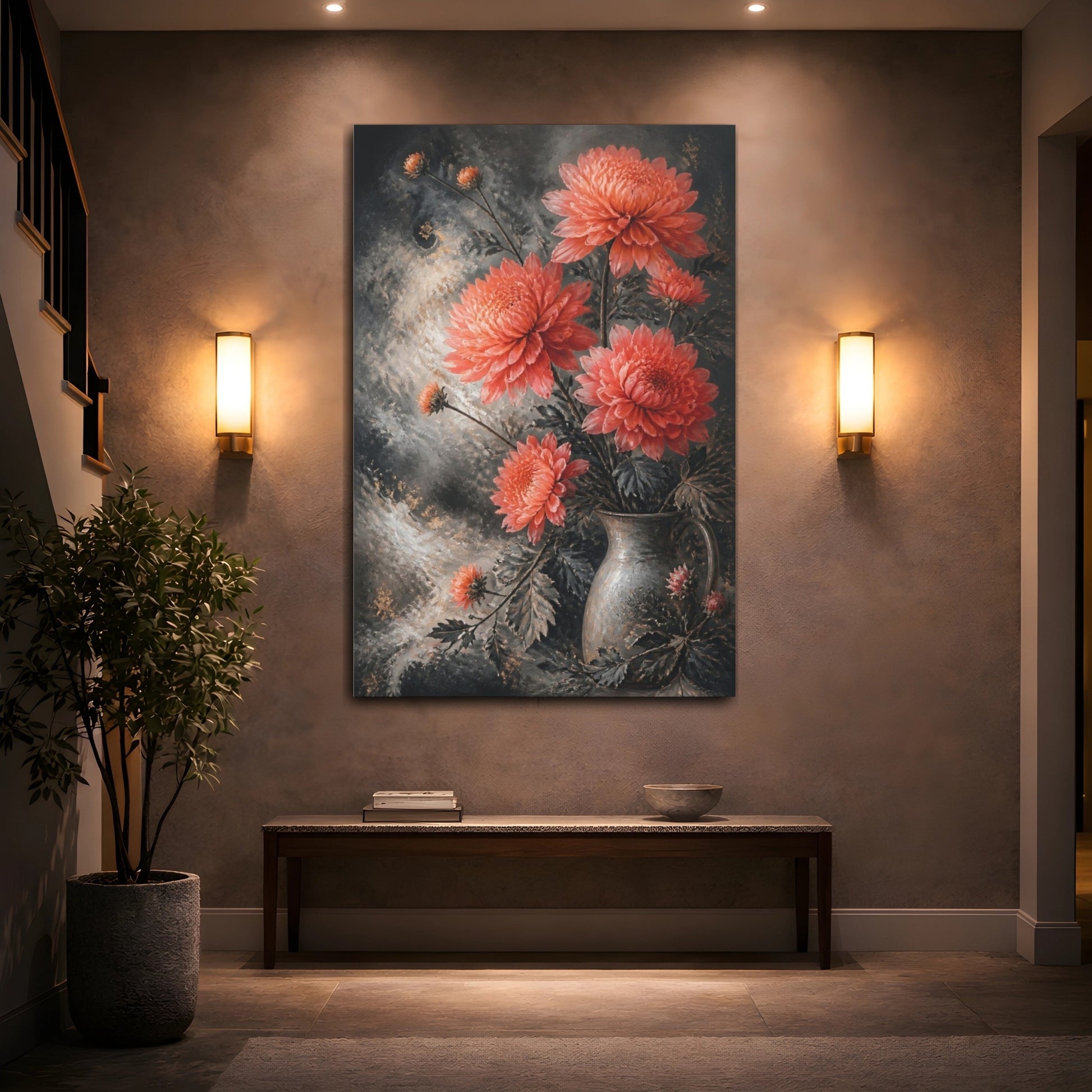 Mockup 2. Coral Chrysanthemum Flowers shown as canvas print