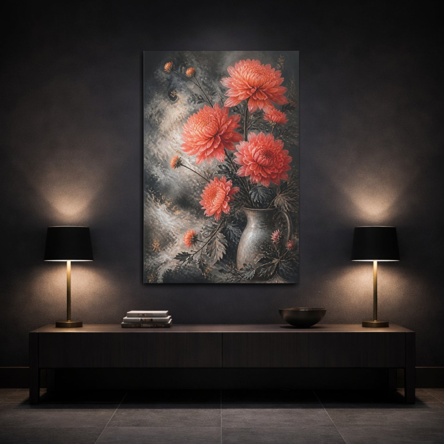 Mockup 3. Coral Chrysanthemum Flowers shown as canvas print