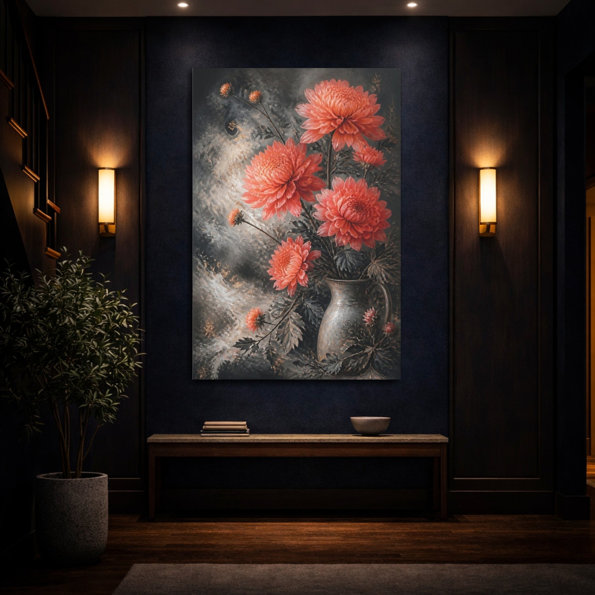Mockup 4. Coral Chrysanthemum Flowers shown as canvas print