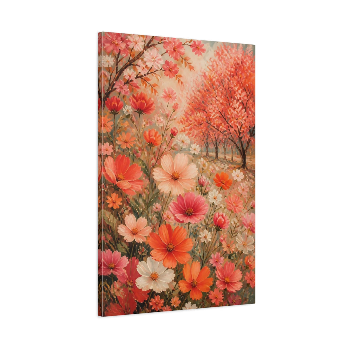 Main Mockup. Coral Cosmos Flowers shown as canvas print