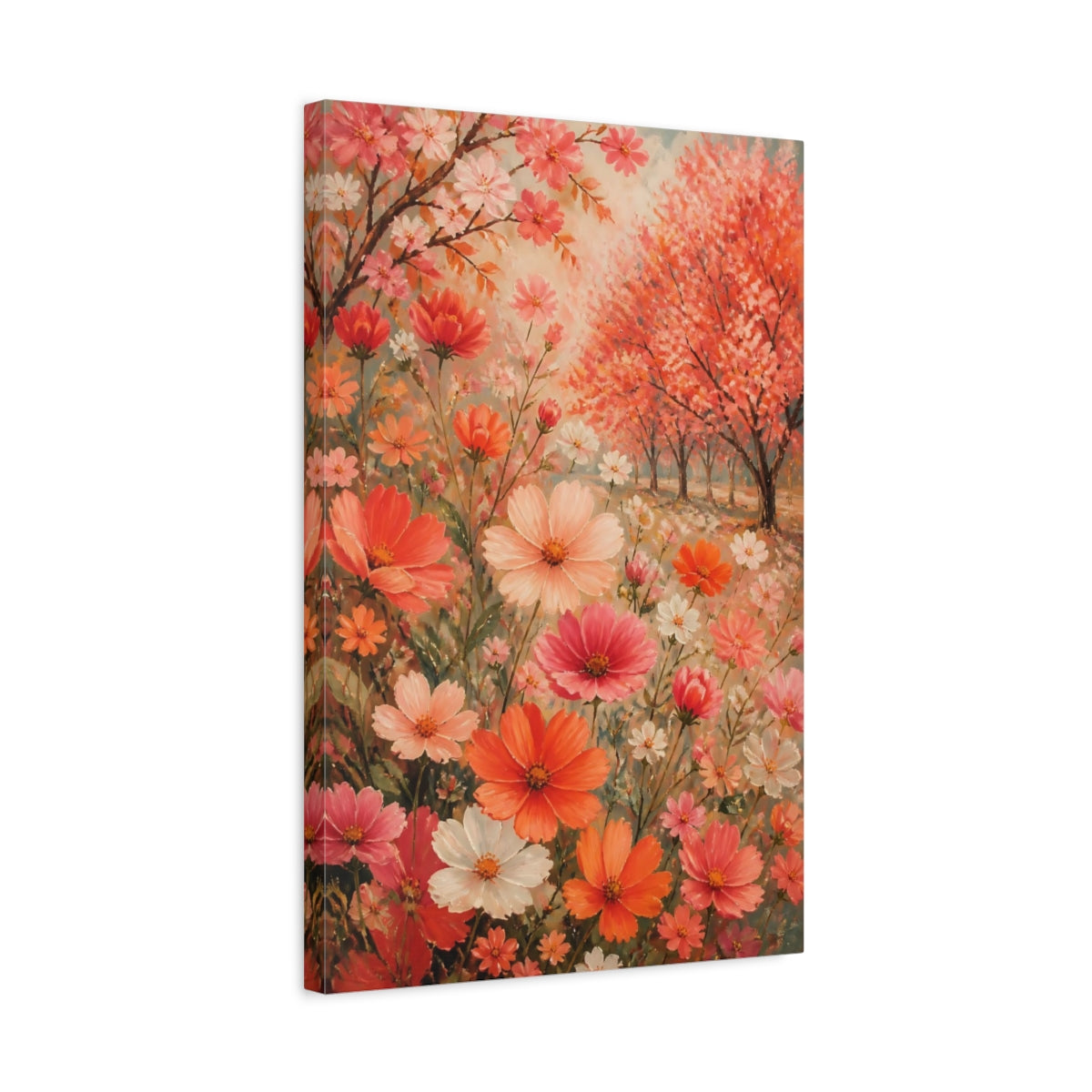 Side Mockup 3. Coral Cosmos Flowers shown as canvas print