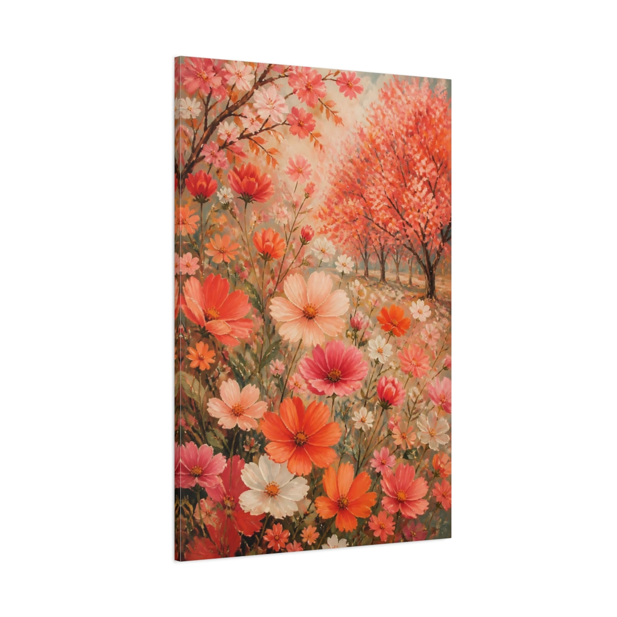 Side Mockup 1. Coral Cosmos Flowers shown as canvas print