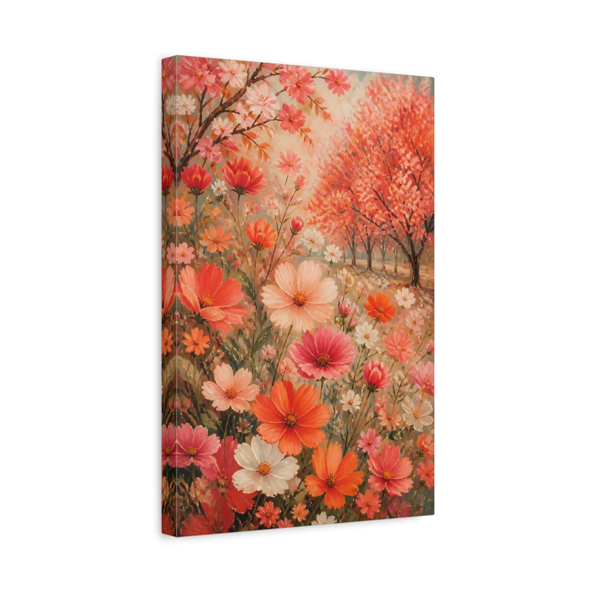 Side Mockup 4. Coral Cosmos Flowers shown as canvas print