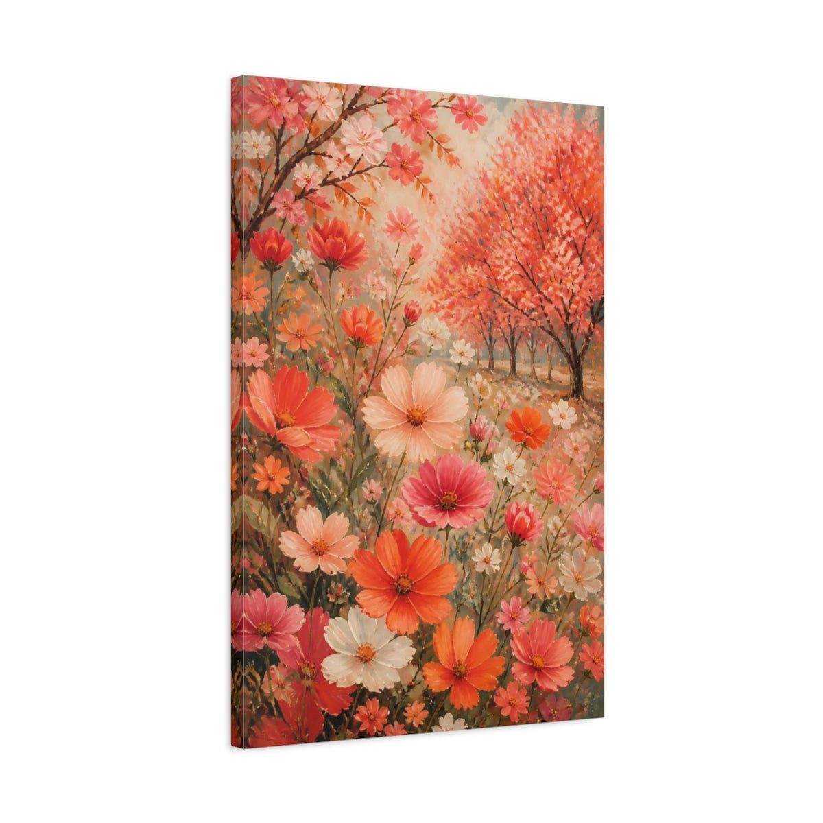 Side Mockup 2. Coral Cosmos Flowers shown as canvas print