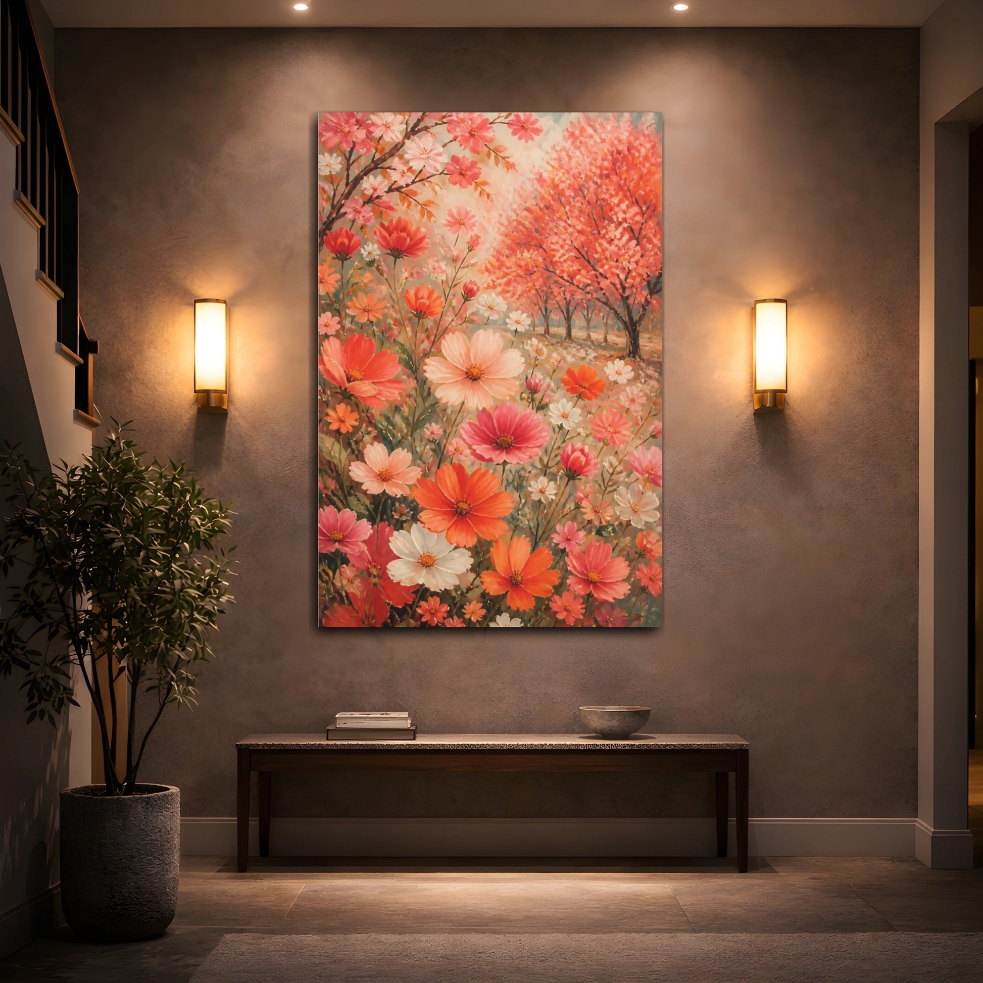 Mockup 2. Coral Cosmos Flowers shown as canvas print