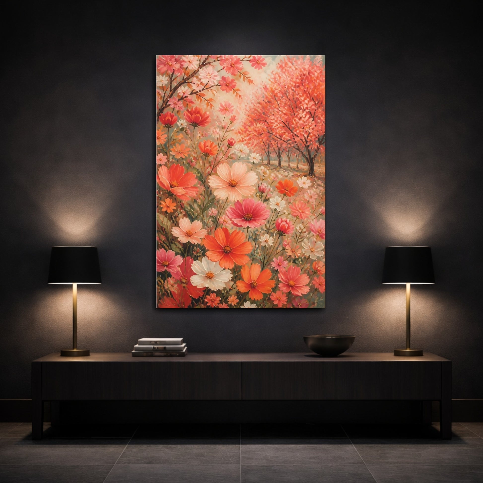 Mockup 3. Coral Cosmos Flowers shown as canvas print