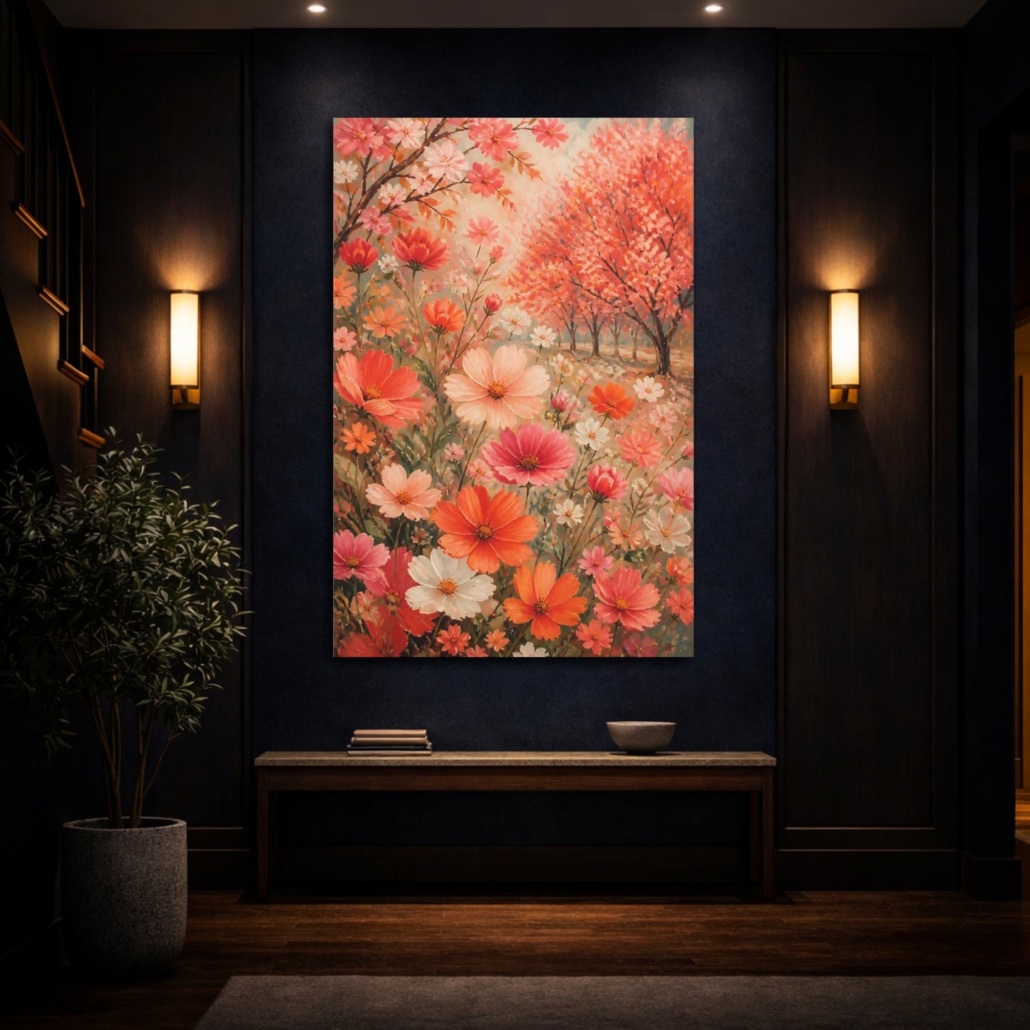 Mockup 4. Coral Cosmos Flowers shown as canvas print