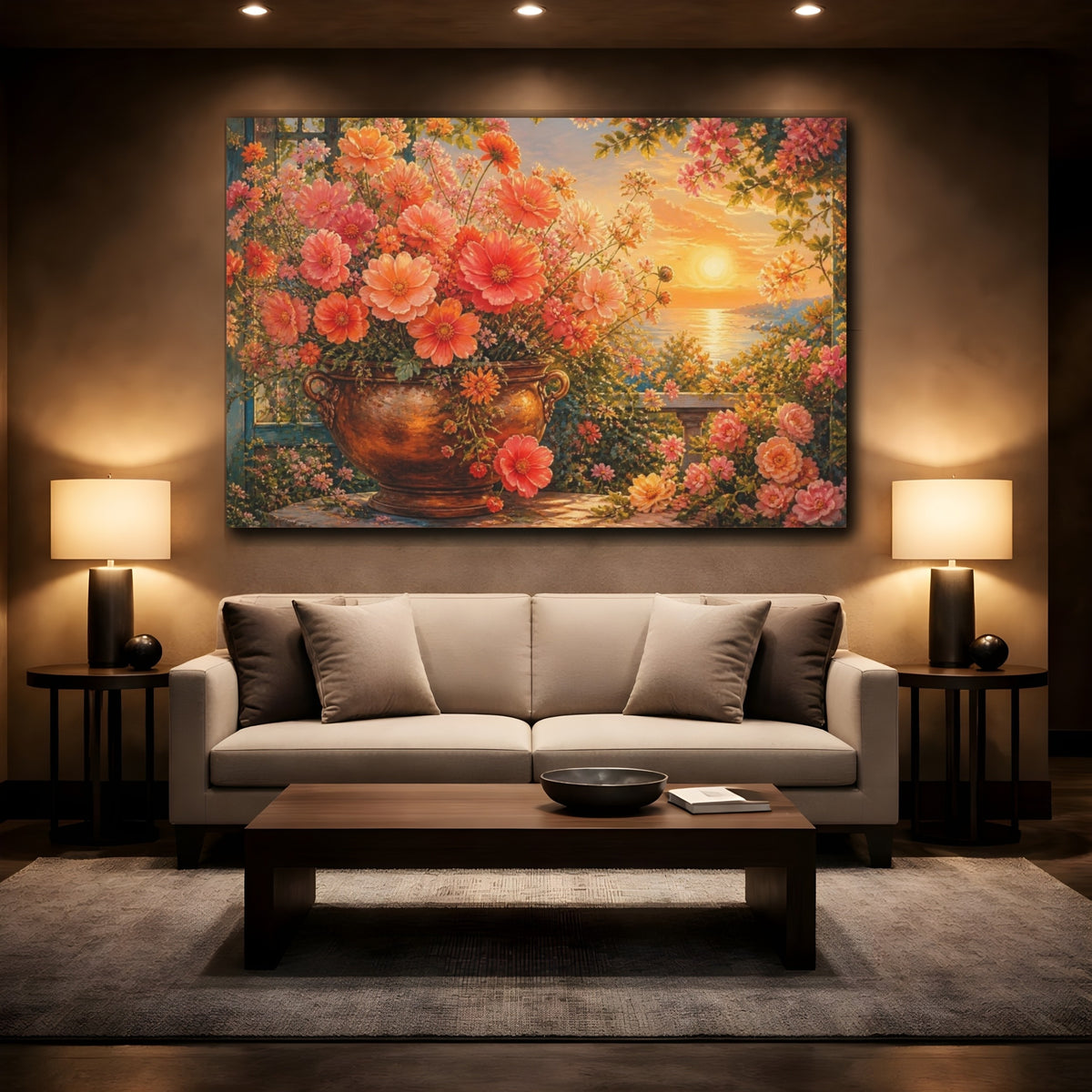 Mockup 2. Coral Floral Sunset Bouquet shown as canvas print