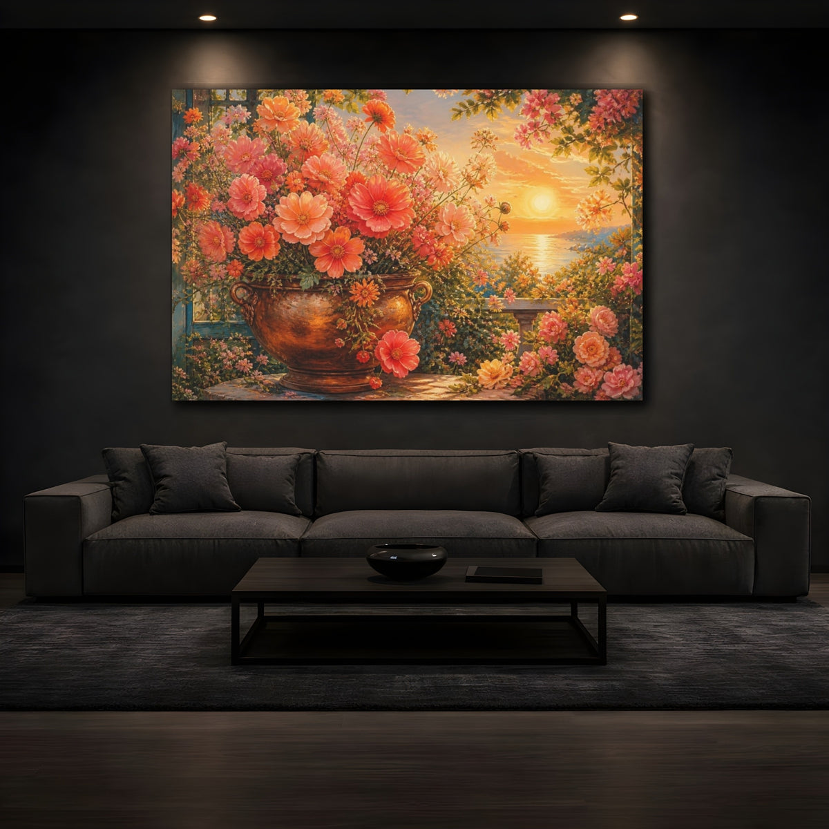 Mockup 3. Coral Floral Sunset Bouquet shown as canvas print
