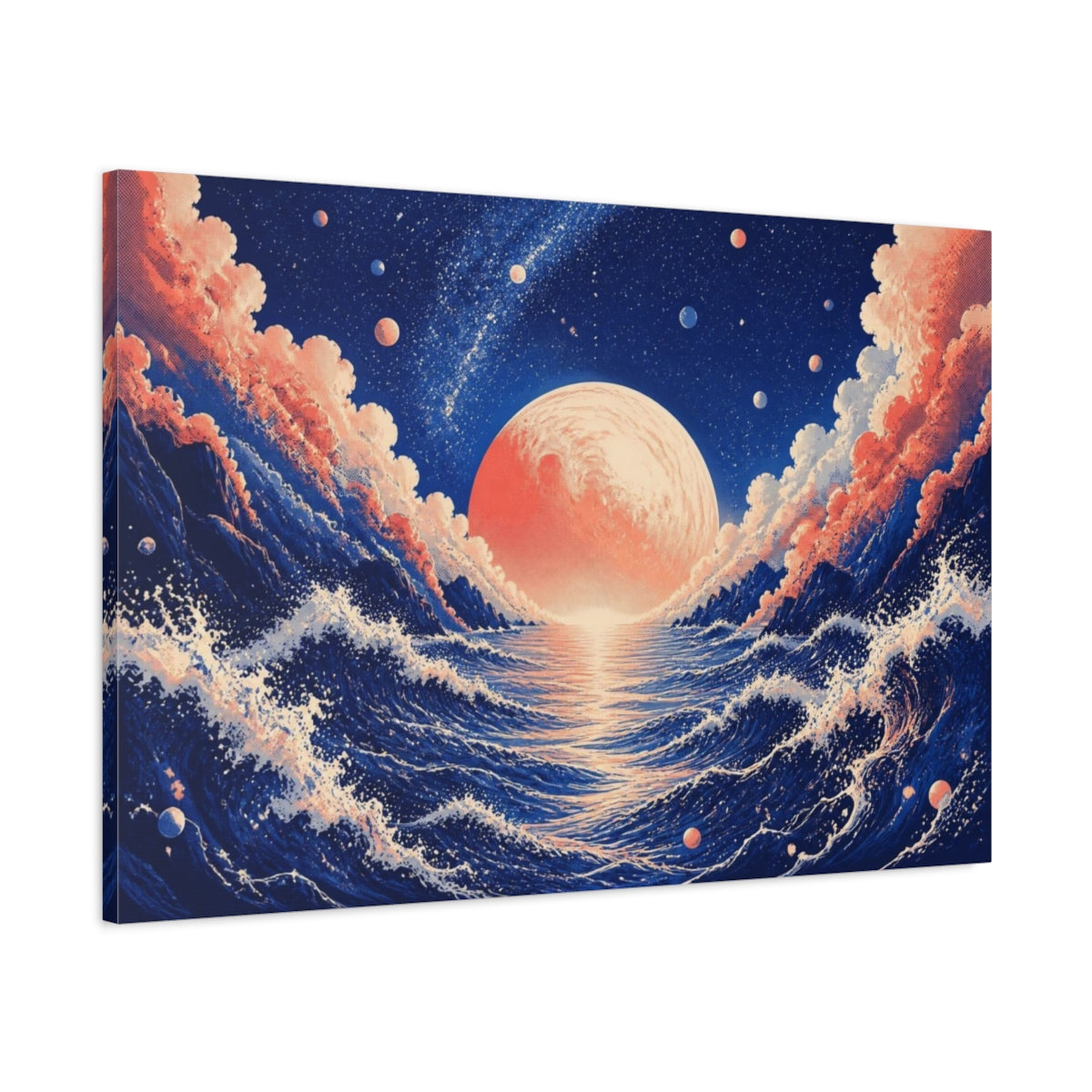 Main Mockup. Coral Planet Over Ocean shown as canvas print