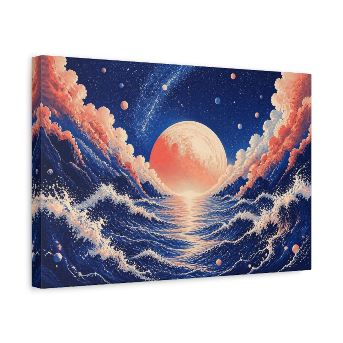 Side Mockup 4. Coral Planet Over Ocean shown as canvas print