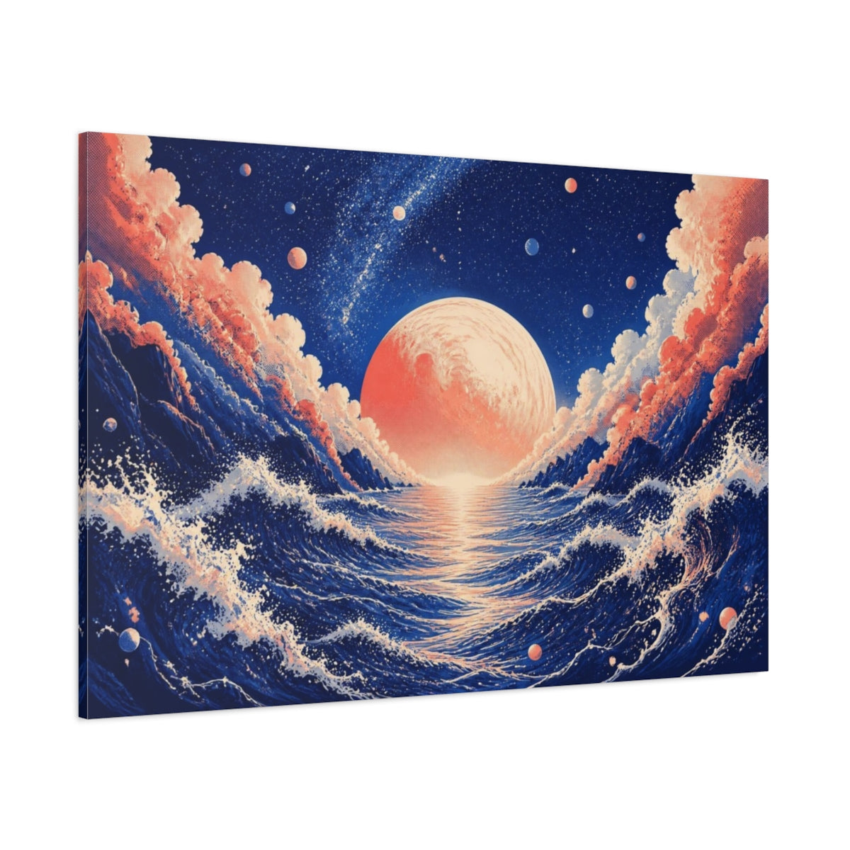 Side Mockup 1. Coral Planet Over Ocean shown as canvas print