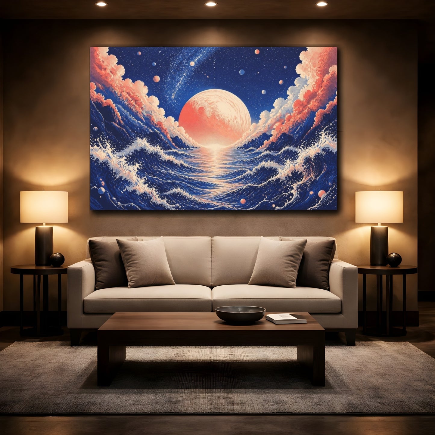 Mockup 2. Coral Planet Over Ocean shown as canvas print