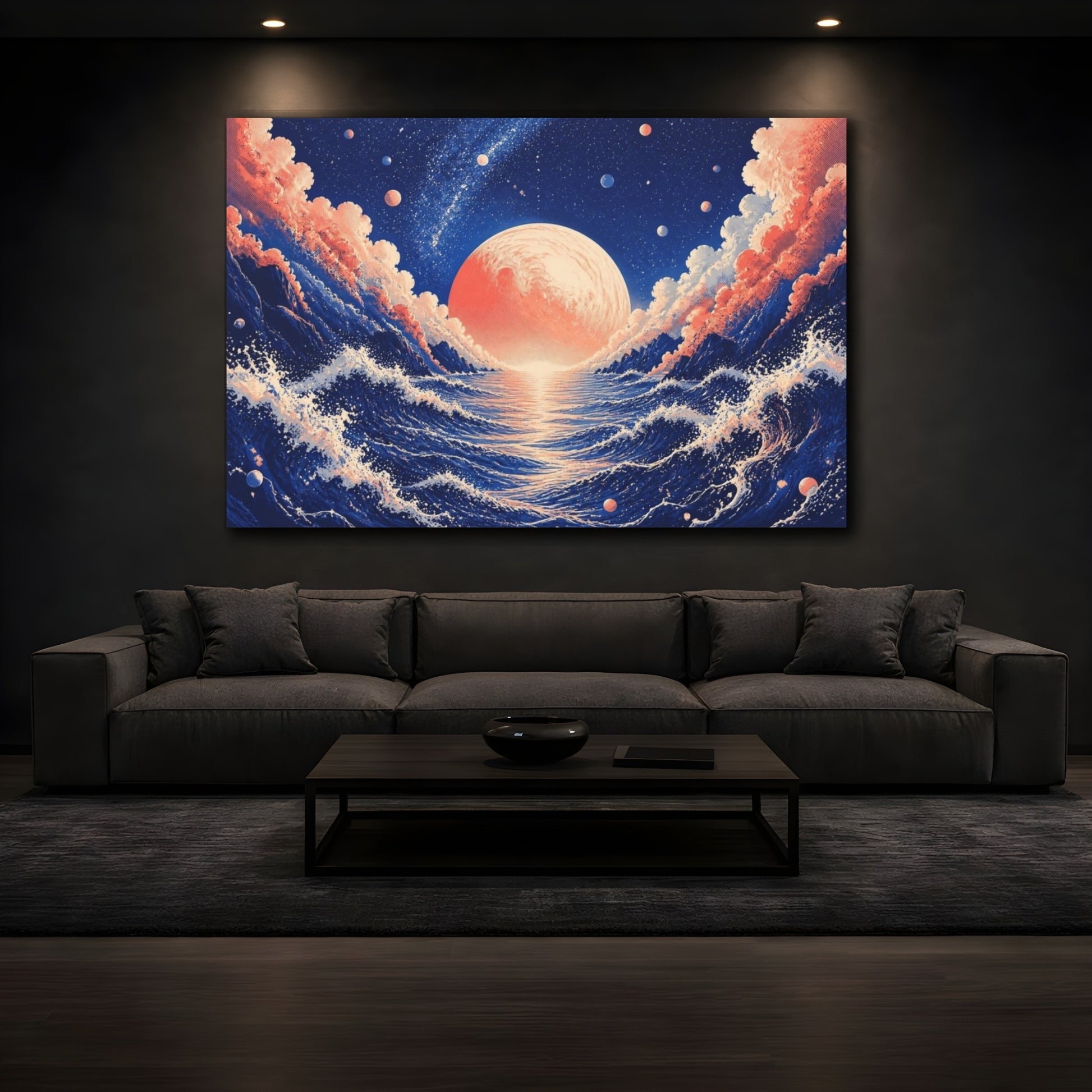 Mockup 3. Coral Planet Over Ocean shown as canvas print