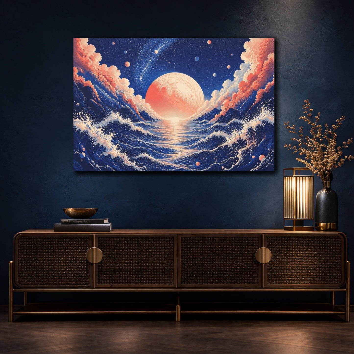 Mockup 4. Coral Planet Over Ocean shown as canvas print