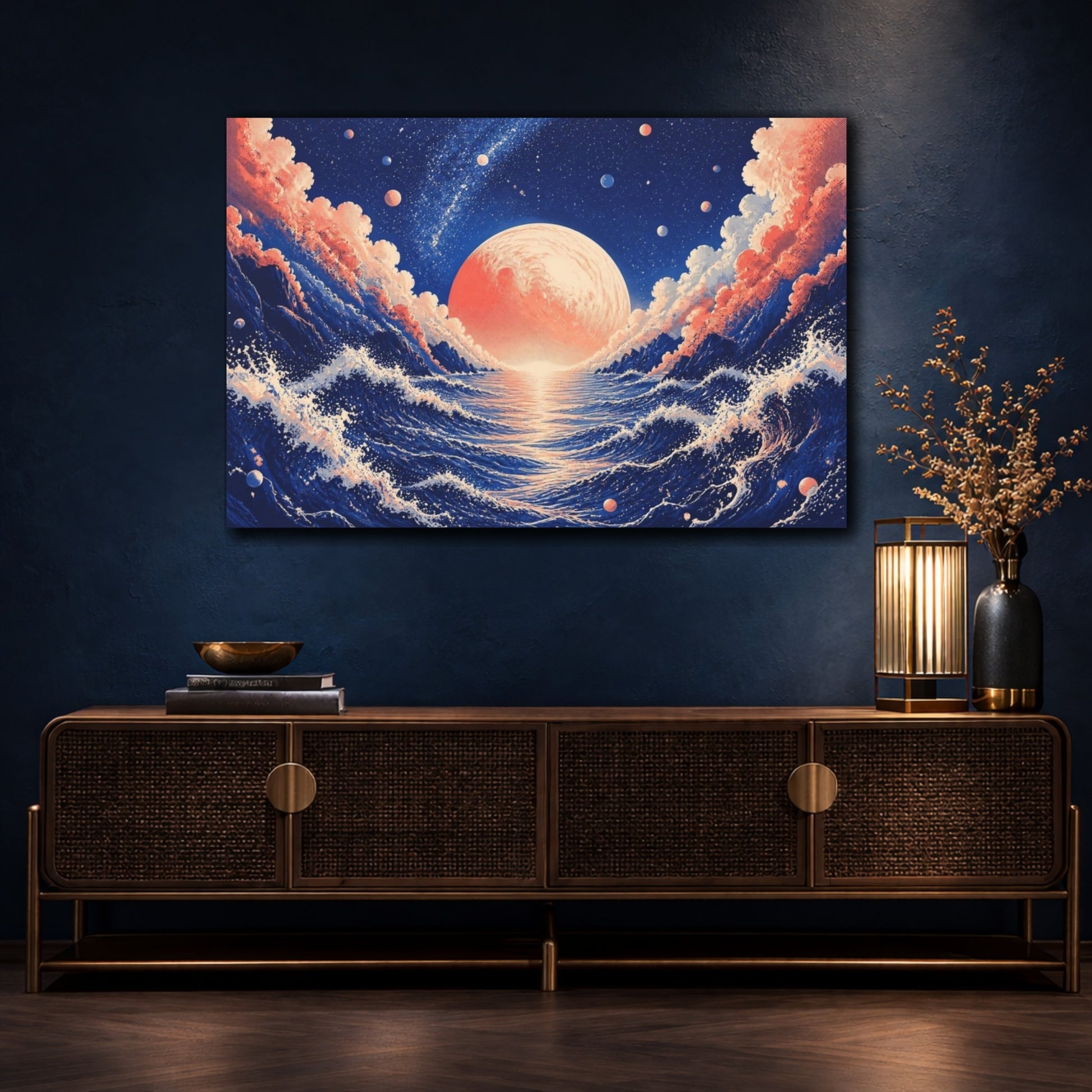 Mockup 4. Coral Planet Over Ocean shown as canvas print