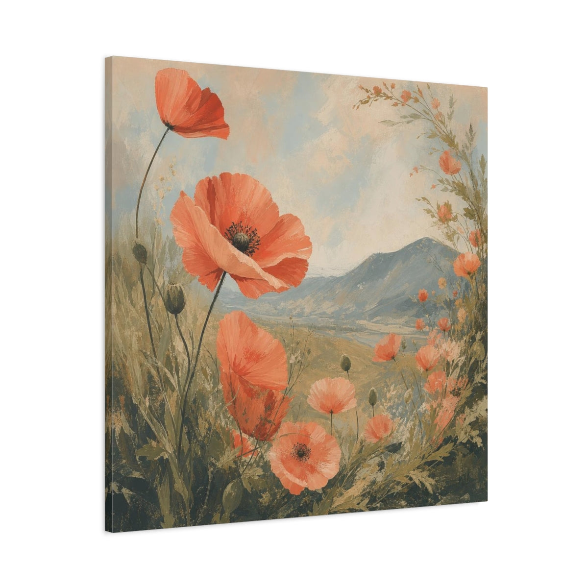 Main Mockup. Coral Poppies Meadow View shown as canvas print