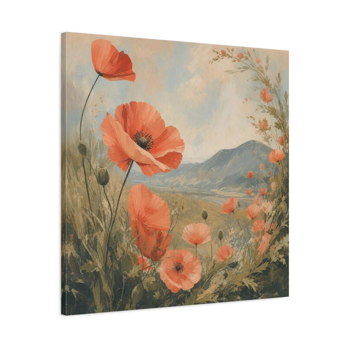 Side Mockup 3. Coral Poppies Meadow View shown as canvas print
