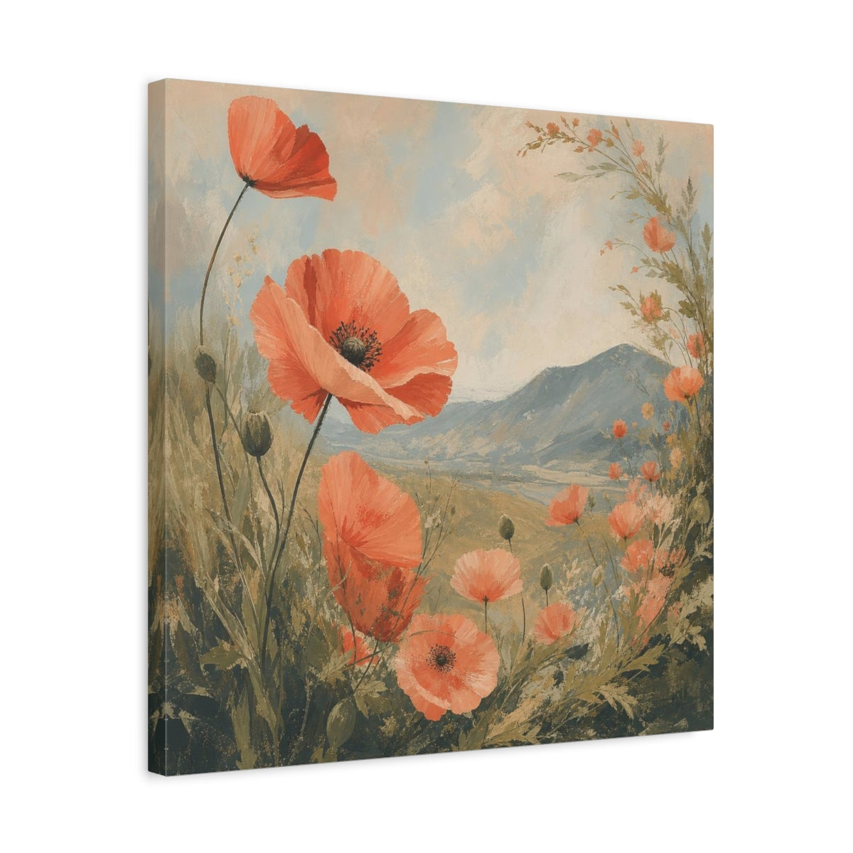 Side Mockup 5. Coral Poppies Meadow View shown as canvas print