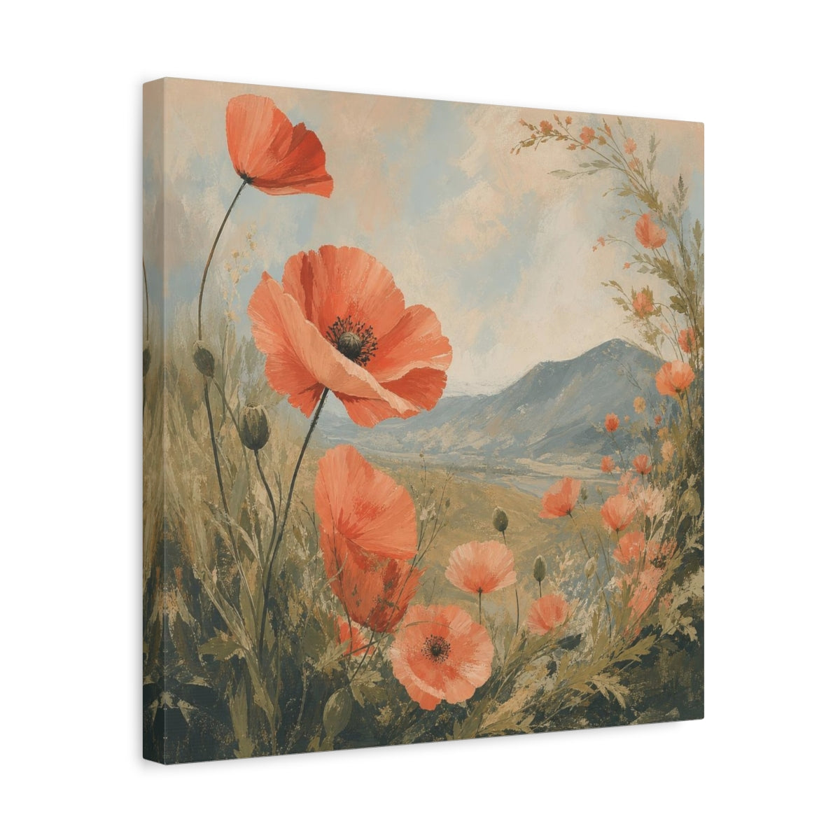 Side Mockup 6. Coral Poppies Meadow View shown as canvas print
