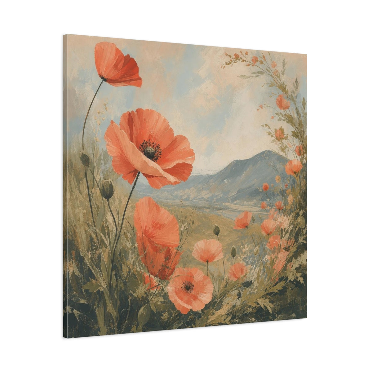 Side Mockup 1. Coral Poppies Meadow View shown as canvas print