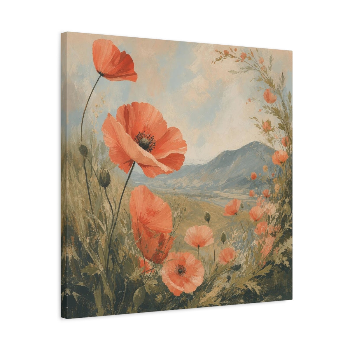 Side Mockup 4. Coral Poppies Meadow View shown as canvas print