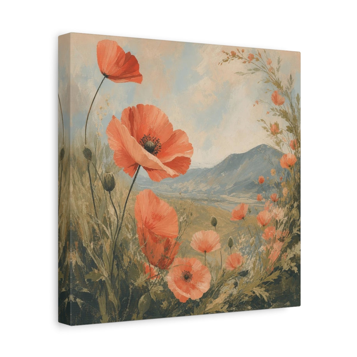 Side Mockup 8. Coral Poppies Meadow View shown as canvas print