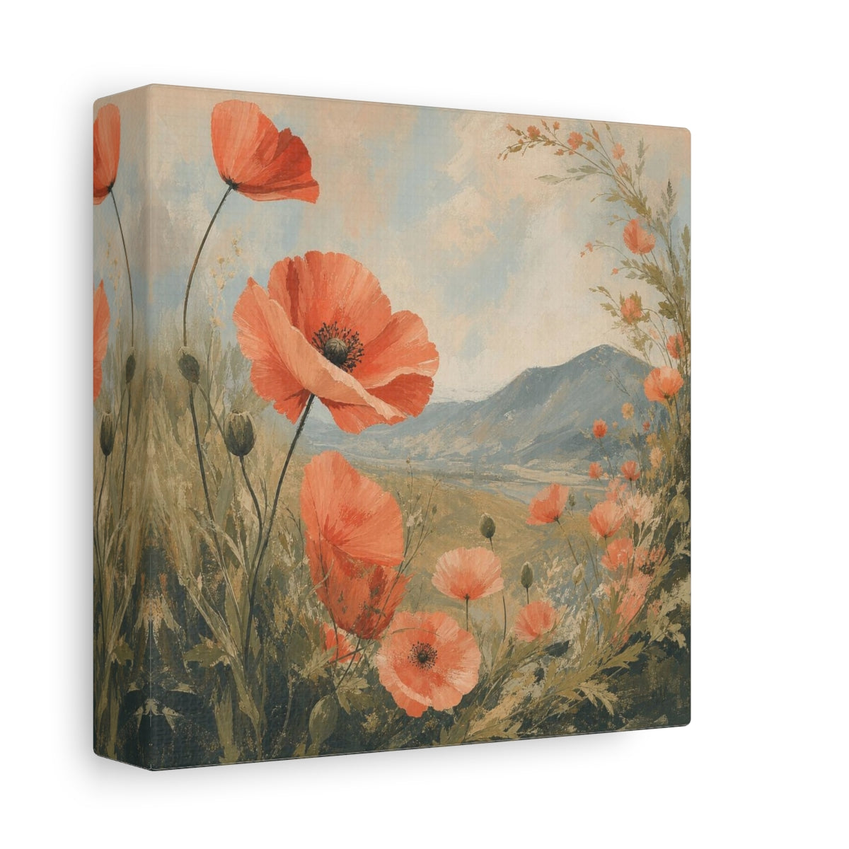 Side Mockup 2. Coral Poppies Meadow View shown as canvas print