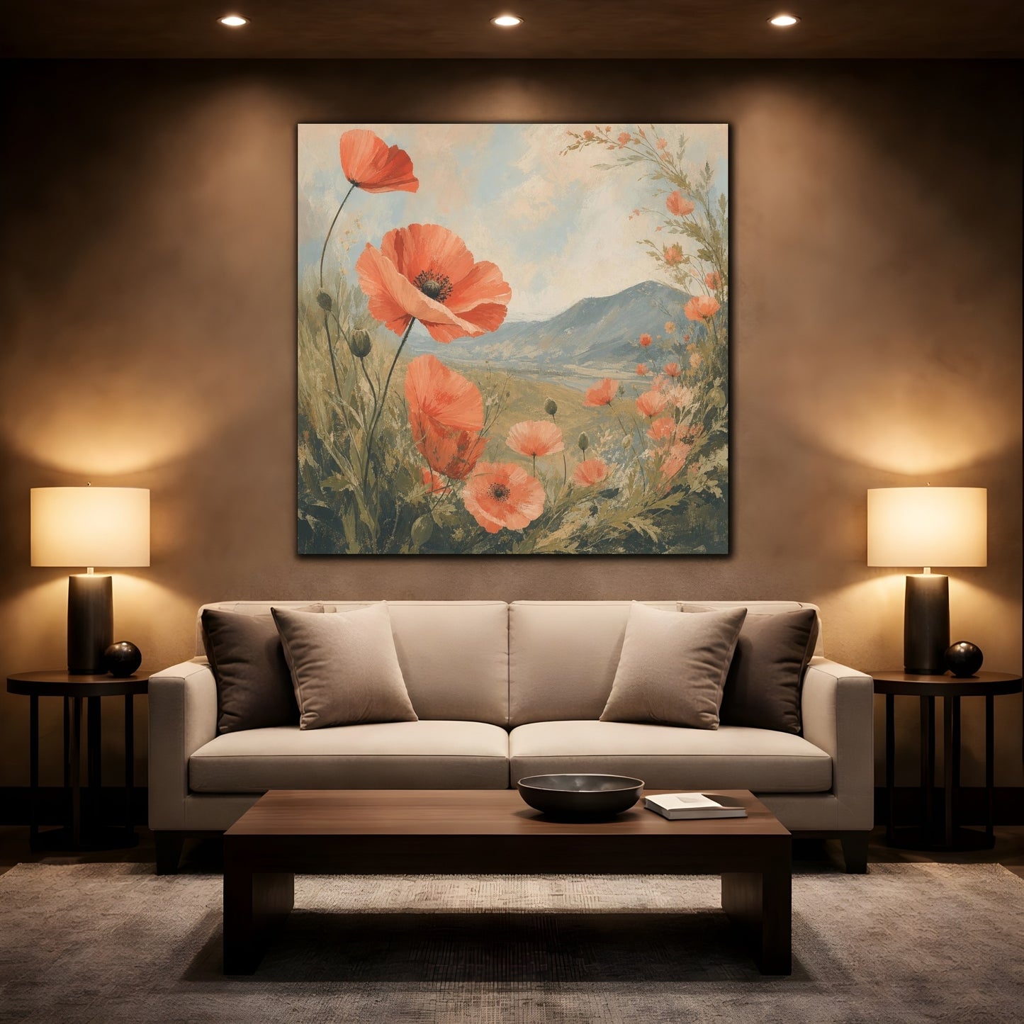 Mockup 2. Coral Poppies Meadow View shown as canvas print