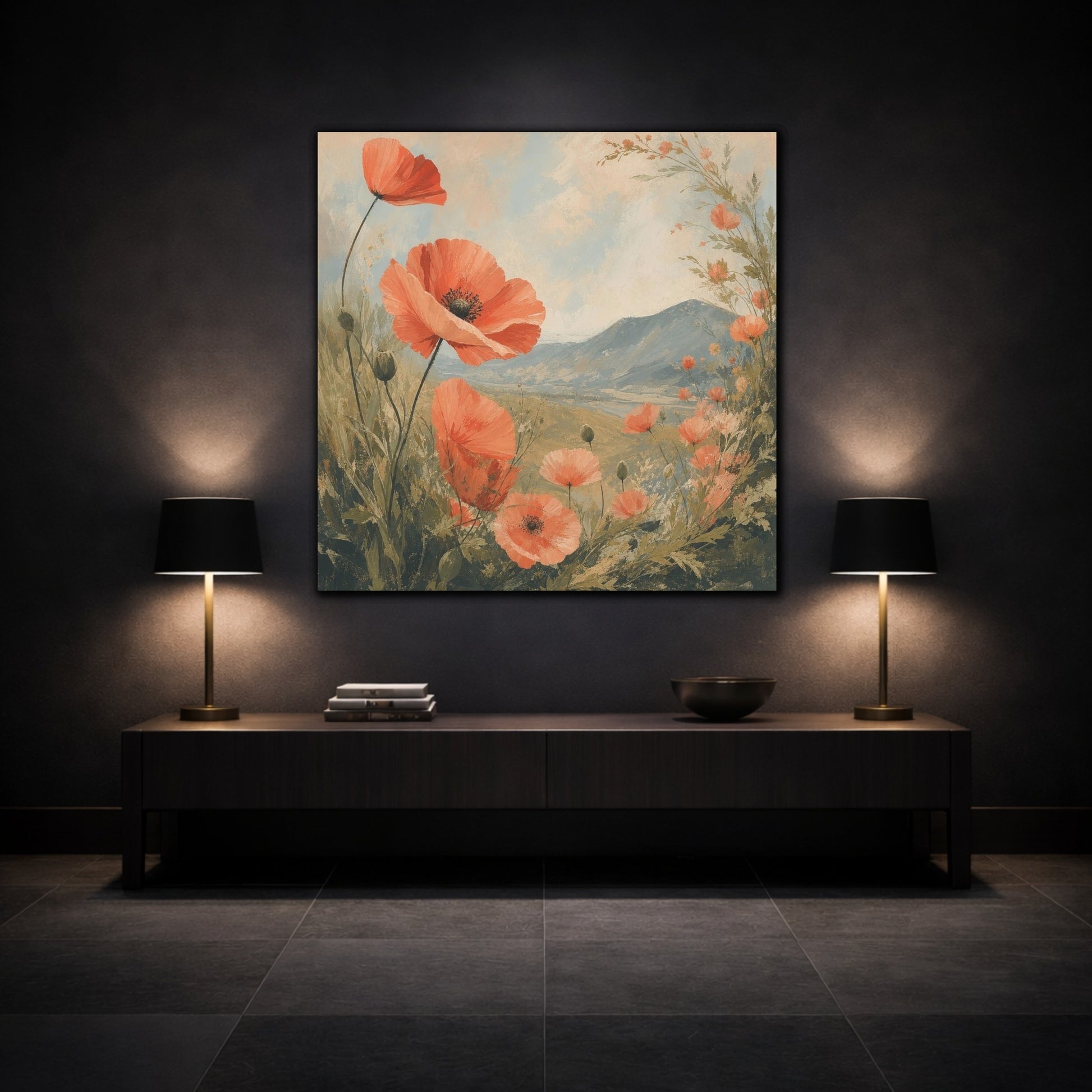 Mockup 3. Coral Poppies Meadow View shown as canvas print