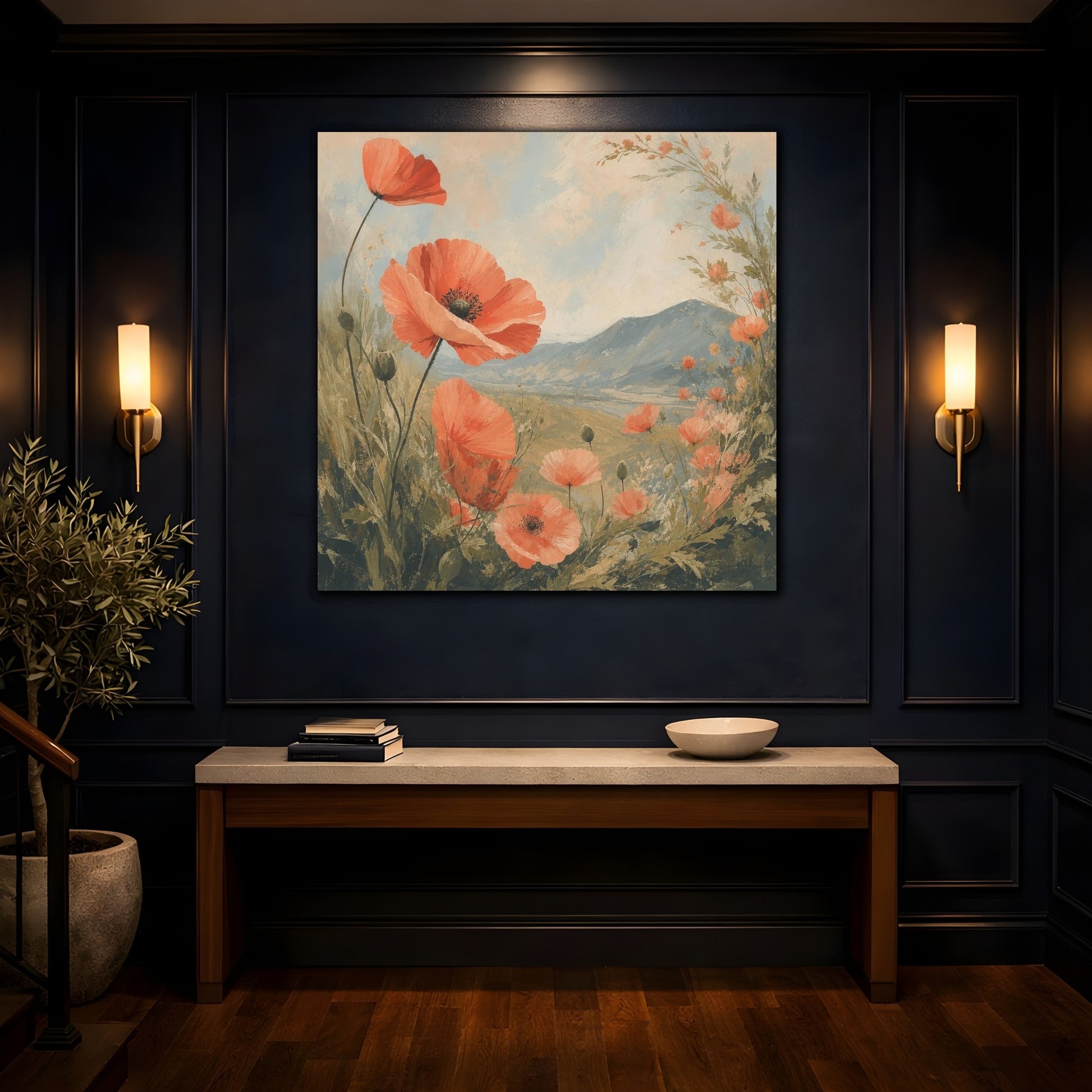 Mockup 4. Coral Poppies Meadow View shown as canvas print