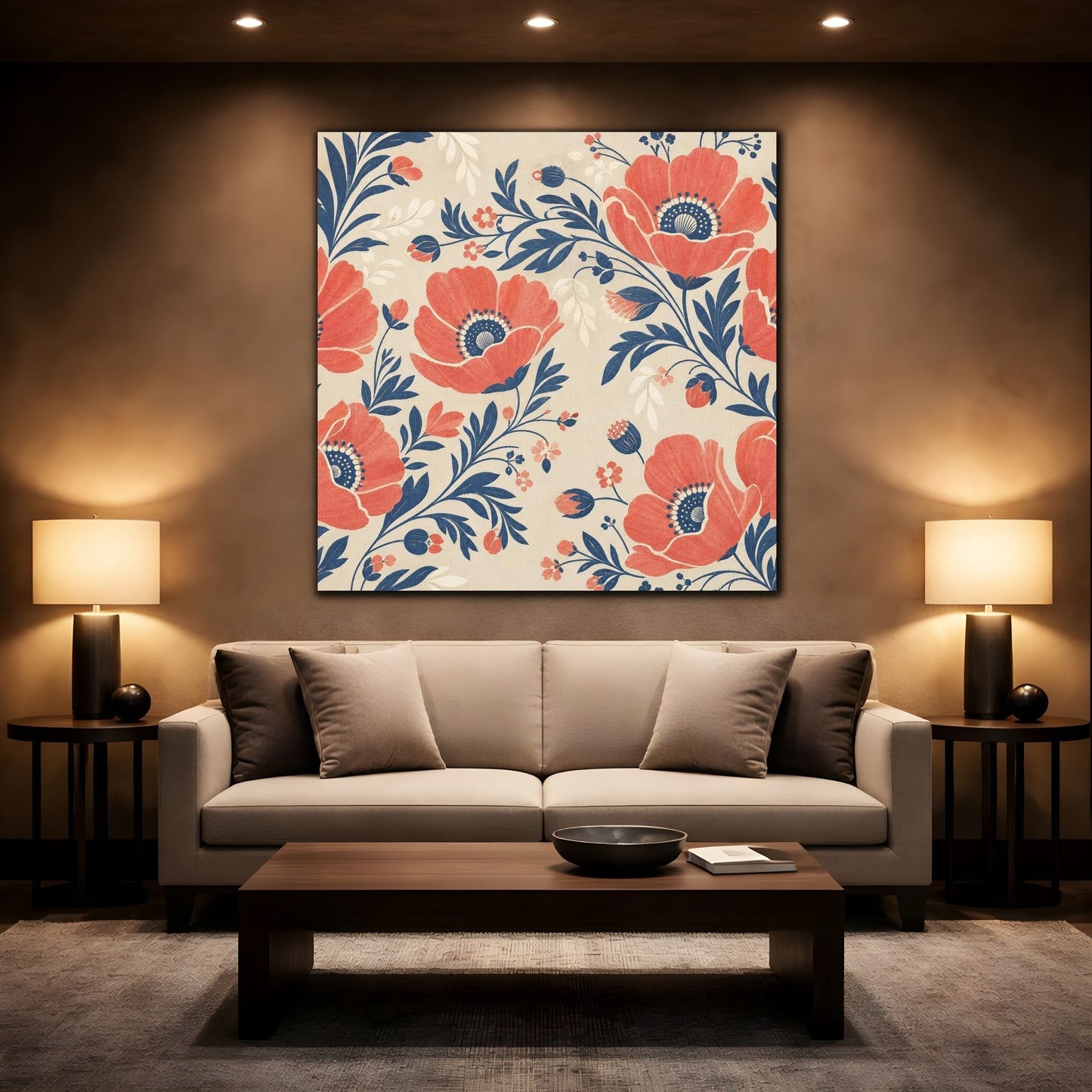 Mockup 2. Coral Poppy Field shown as canvas print