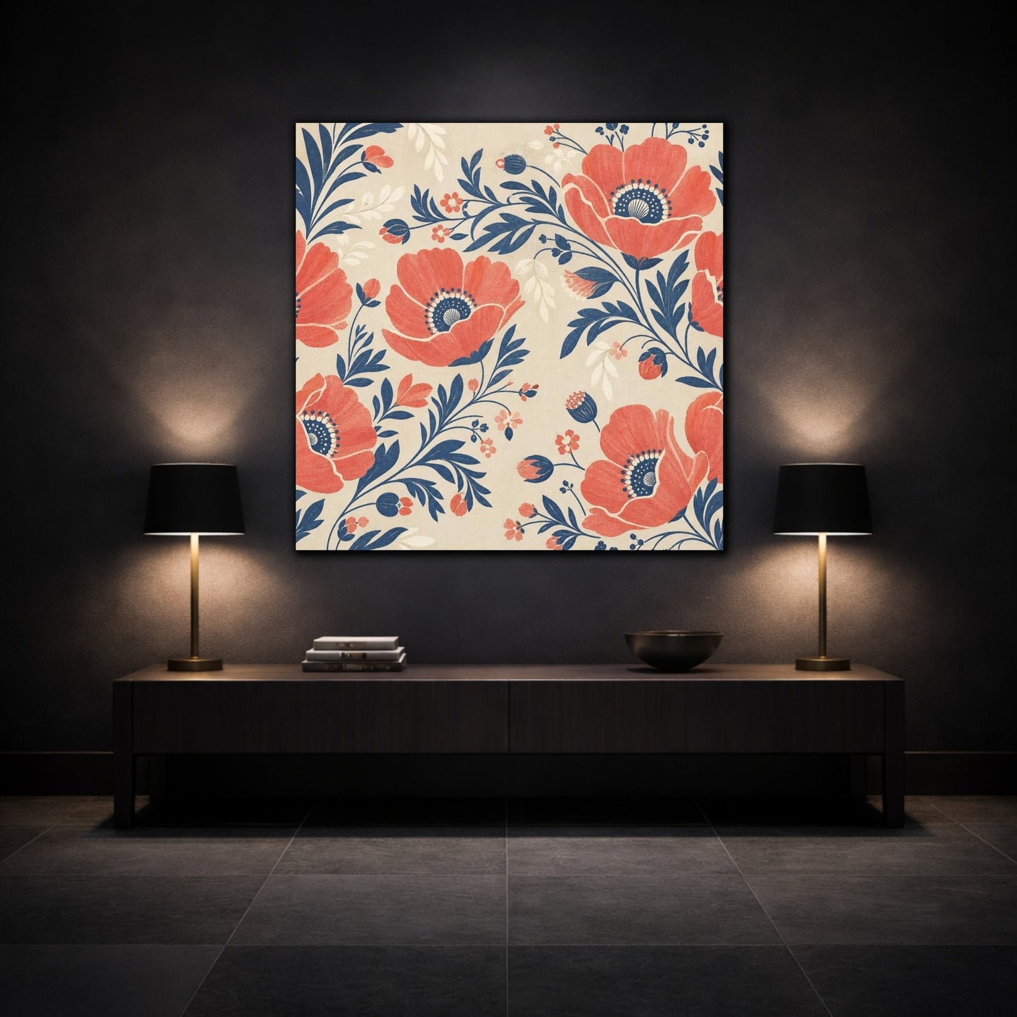 Mockup 3. Coral Poppy Field shown as canvas print