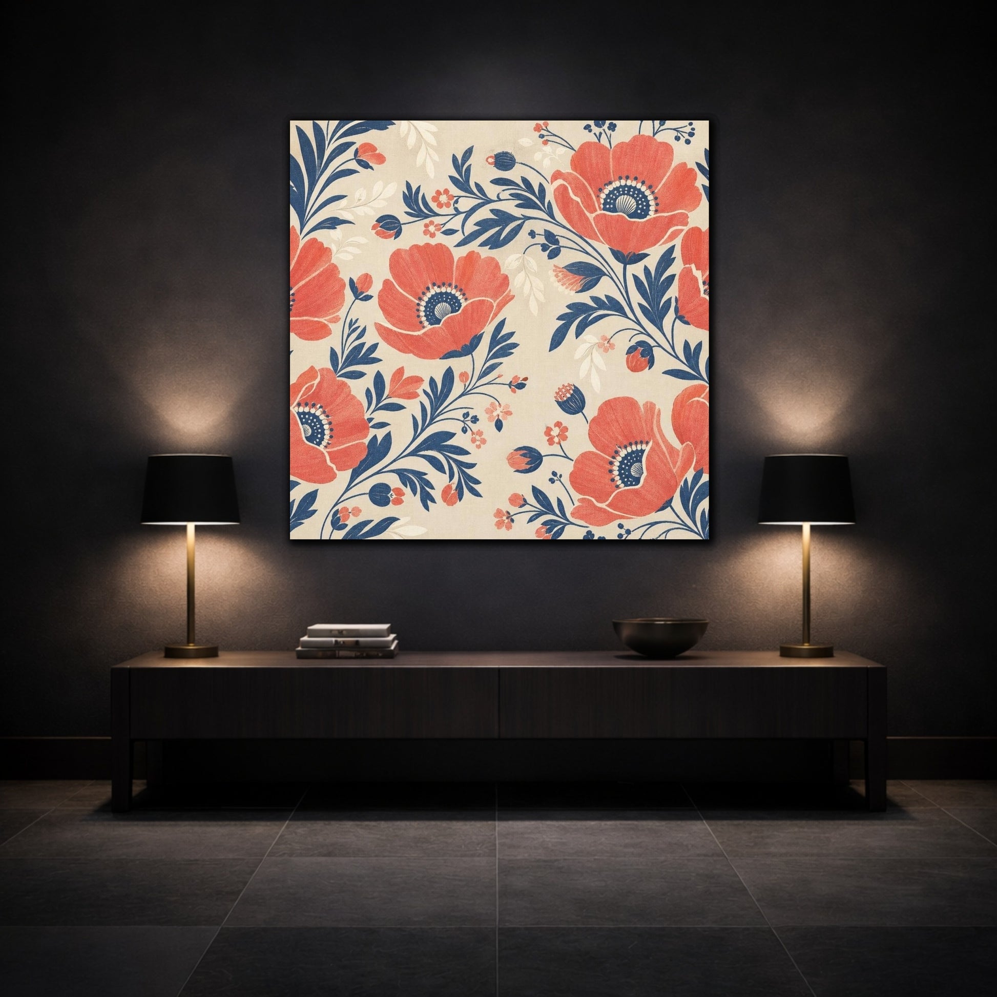 Mockup 3. Coral Poppy Field shown as canvas print
