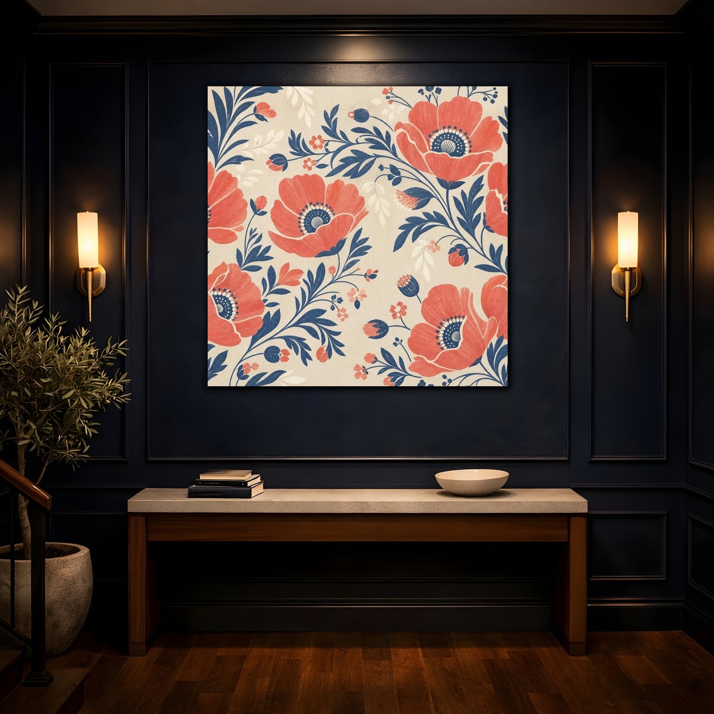 Mockup 4. Coral Poppy Field shown as canvas print