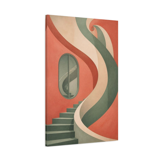 Main Mockup. Coral Spiral Staircase shown as canvas print