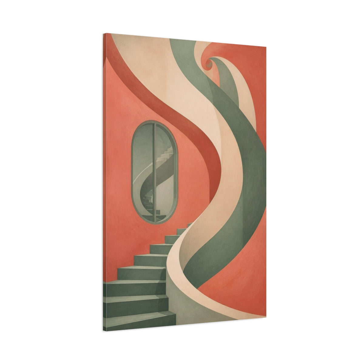 Side Mockup 1. Coral Spiral Staircase shown as canvas print