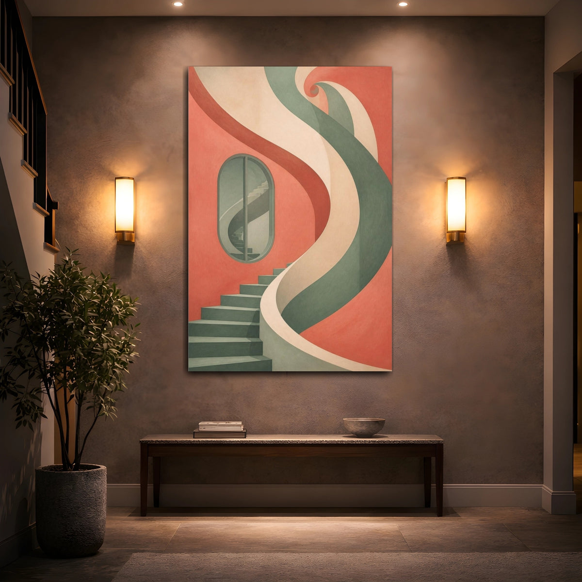 Mockup 2. Coral Spiral Staircase shown as canvas print
