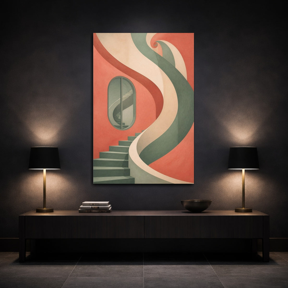 Mockup 3. Coral Spiral Staircase shown as canvas print