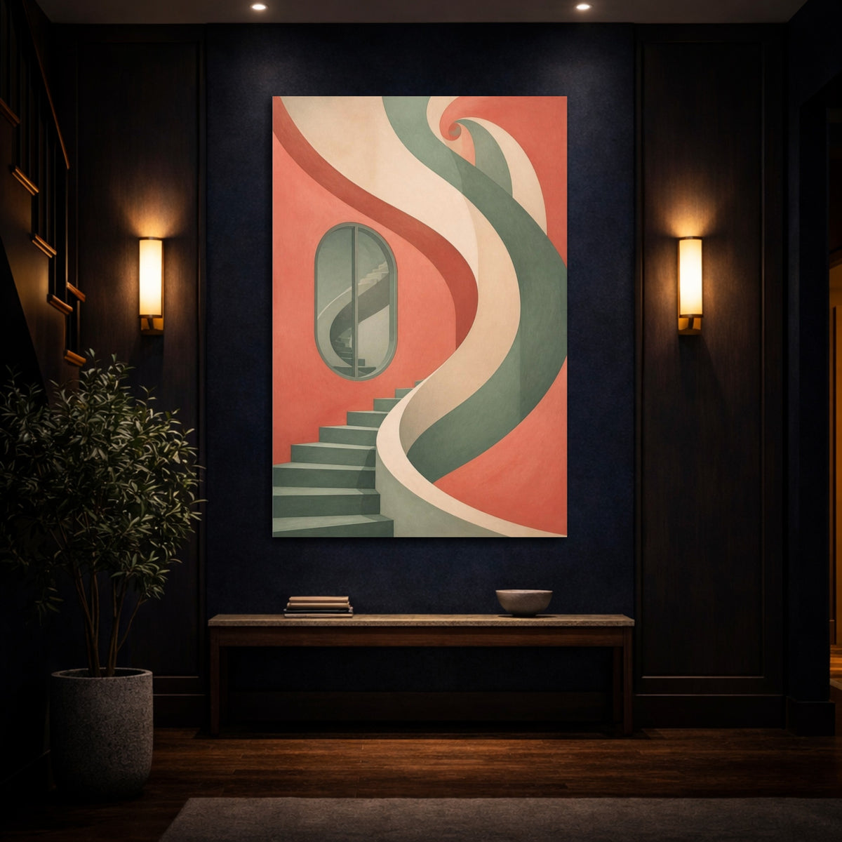 Mockup 4. Coral Spiral Staircase shown as canvas print