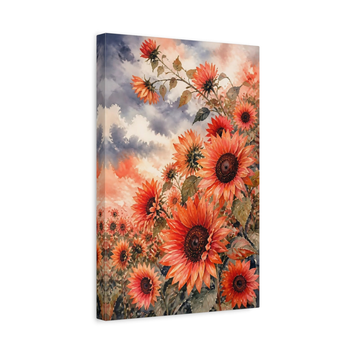 Side Mockup 4. Coral Sunflower Field shown as canvas print