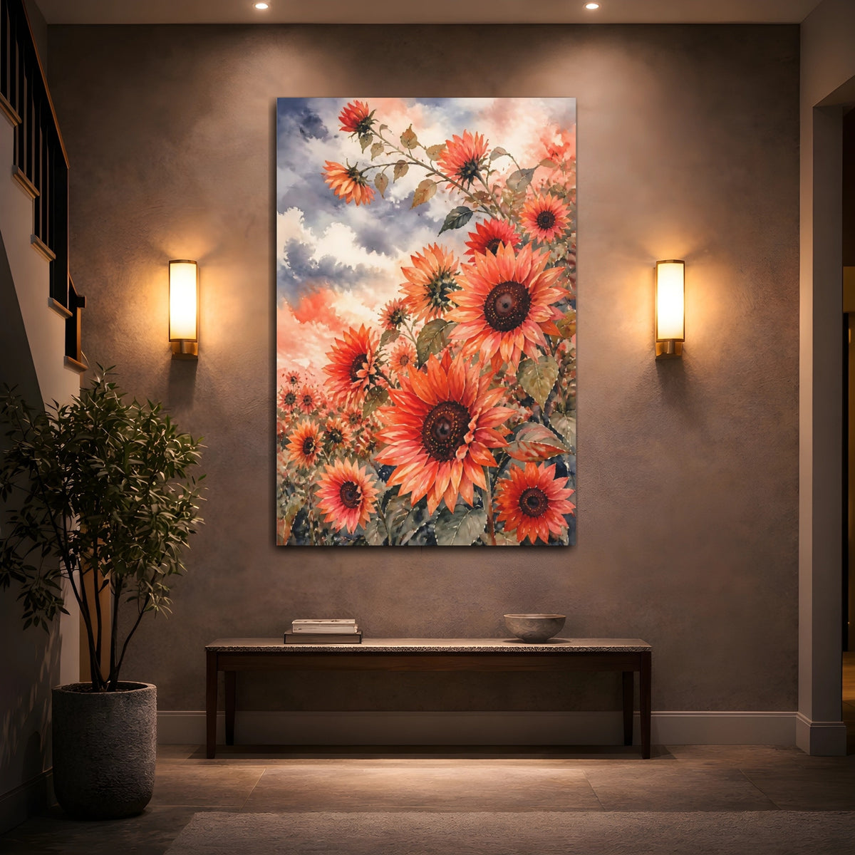 Mockup 2. Coral Sunflower Field shown as canvas print