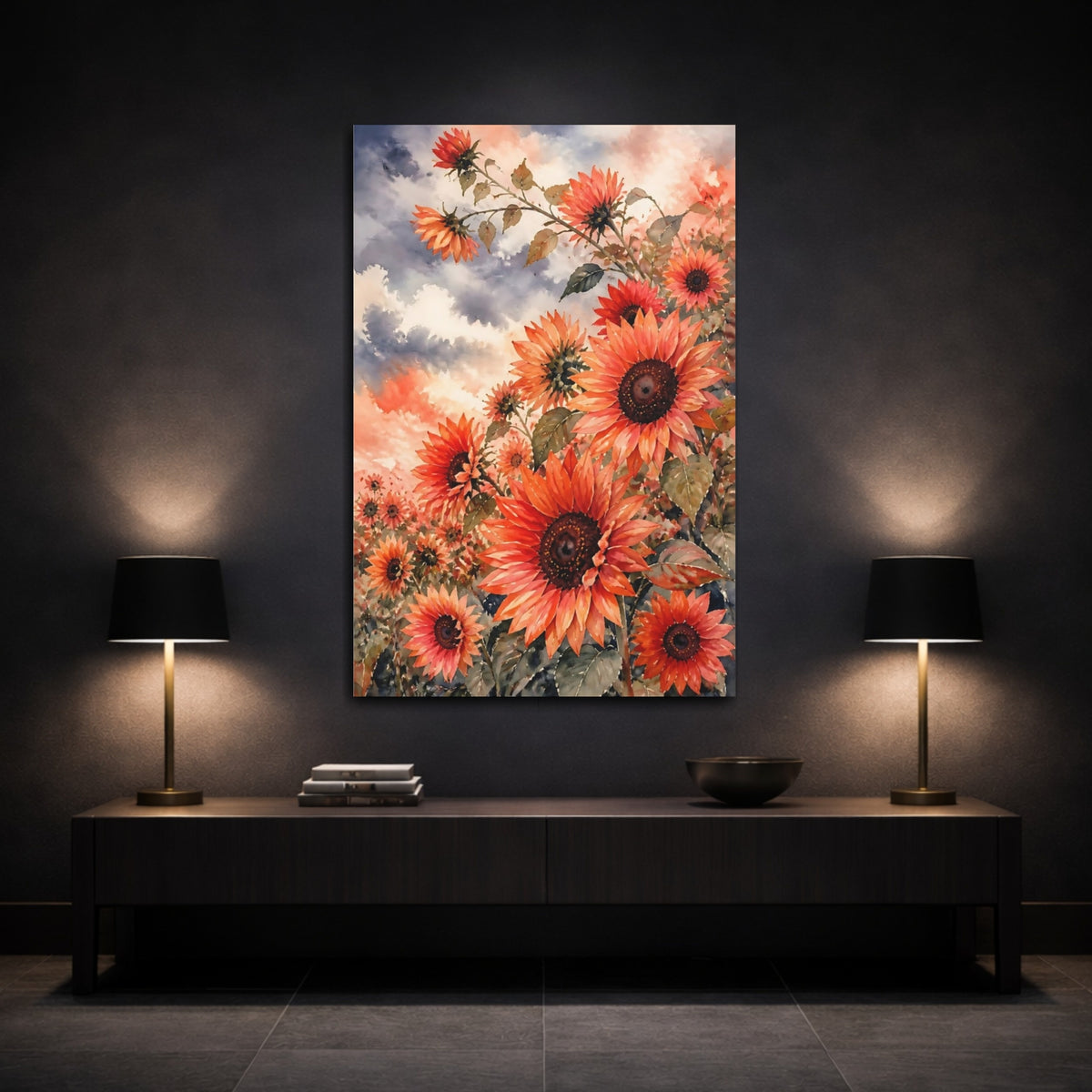 Mockup 3. Coral Sunflower Field shown as canvas print
